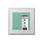 Illustration of Rathlin West lighthouse on an ocean green background,  in a white square frame measuring 20x20cm.