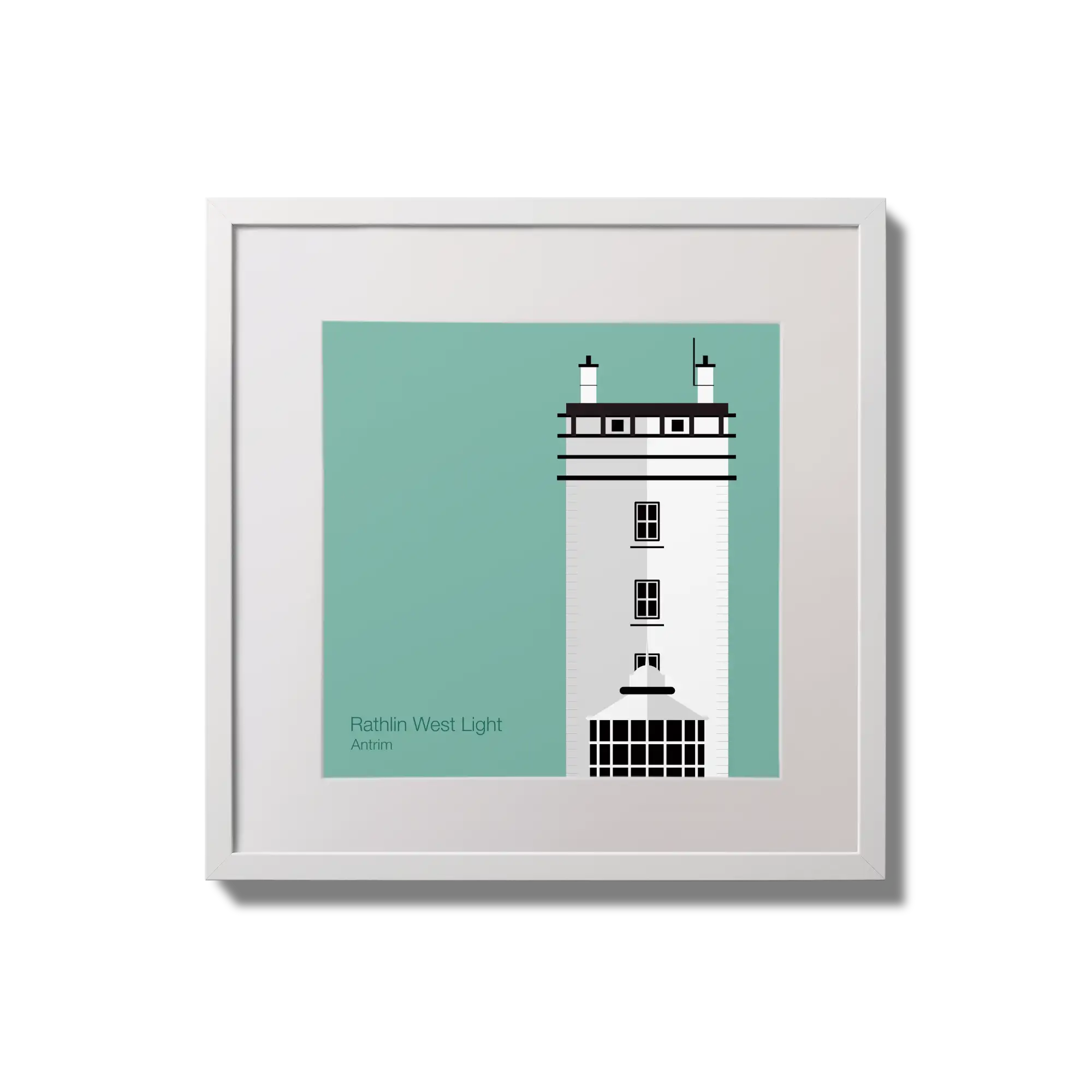 Illustration of Rathlin West lighthouse on an ocean green background,  in a white square frame measuring 20x20cm.