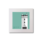 Illustration of Rathlin West lighthouse on an ocean green background, mounted and measuring 20x20cm.