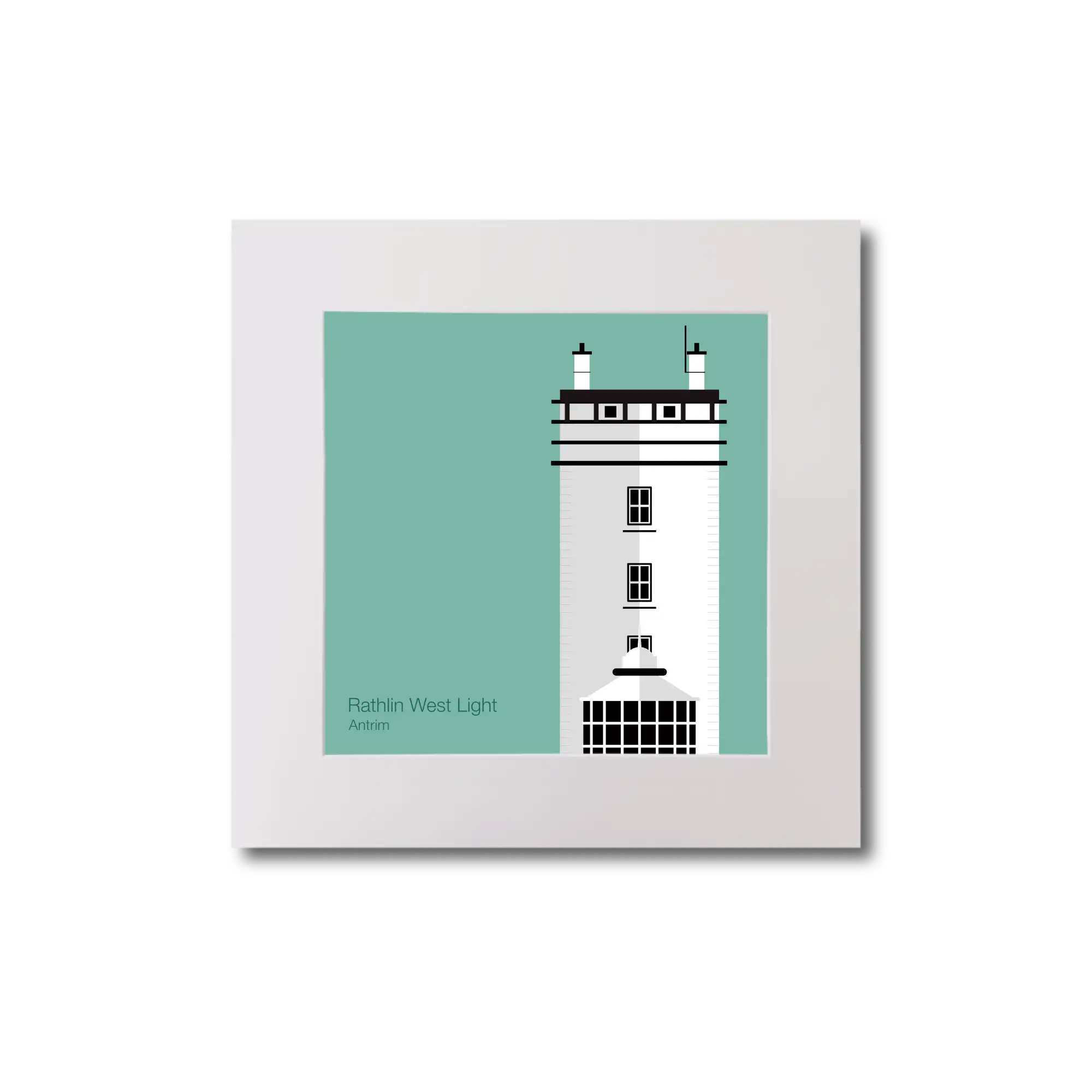 Illustration of Rathlin West lighthouse on an ocean green background, mounted and measuring 20x20cm.