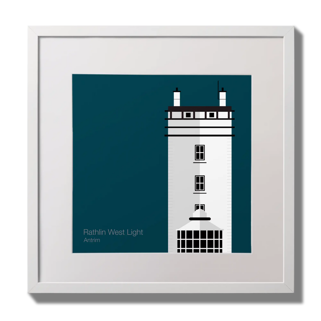 Illustration of Rathlin West lighthouse on a midnight blue background,  in a white square frame measuring 30x30cm.