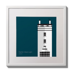 Illustration of Rathlin West lighthouse on a midnight blue background,  in a white square frame measuring 30x30cm.