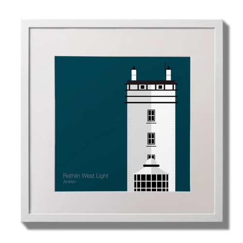 Illustration of Rathlin West lighthouse on a midnight blue background,  in a white square frame measuring 30x30cm.