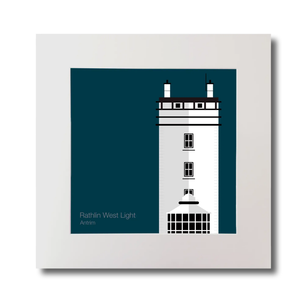 Illustration of Rathlin West lighthouse on a midnight blue background, mounted and measuring 30x30cm.