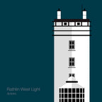 Illustration of Rathlin West lighthouse on a midnight blue background