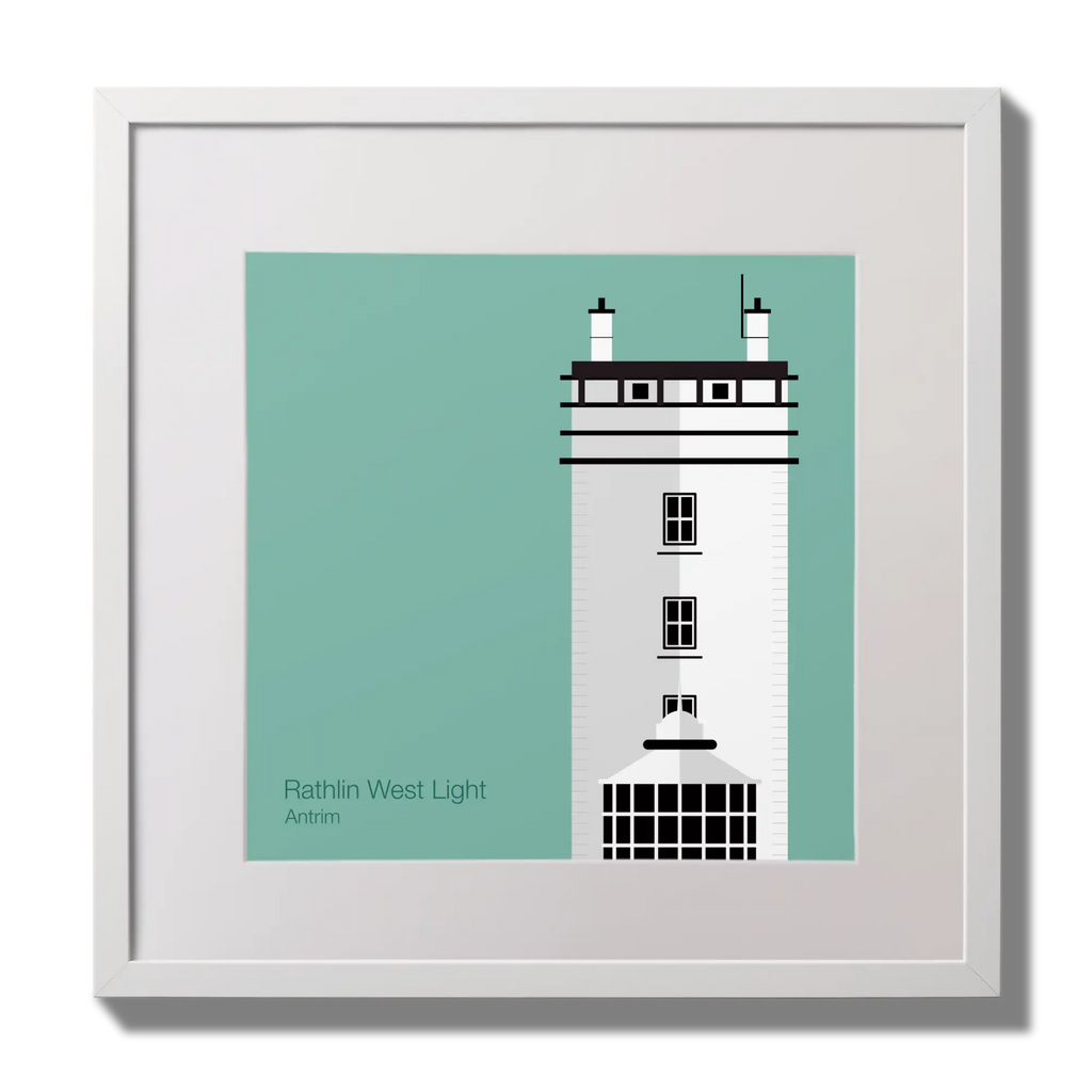 Illustration of Rathlin West lighthouse on an ocean green background,  in a white square frame measuring 30x30cm.