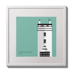 Illustration of Rathlin West lighthouse on an ocean green background,  in a white square frame measuring 30x30cm.