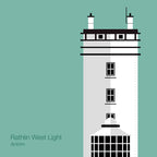 Illustration of Rathlin West lighthouse on an ocean green background