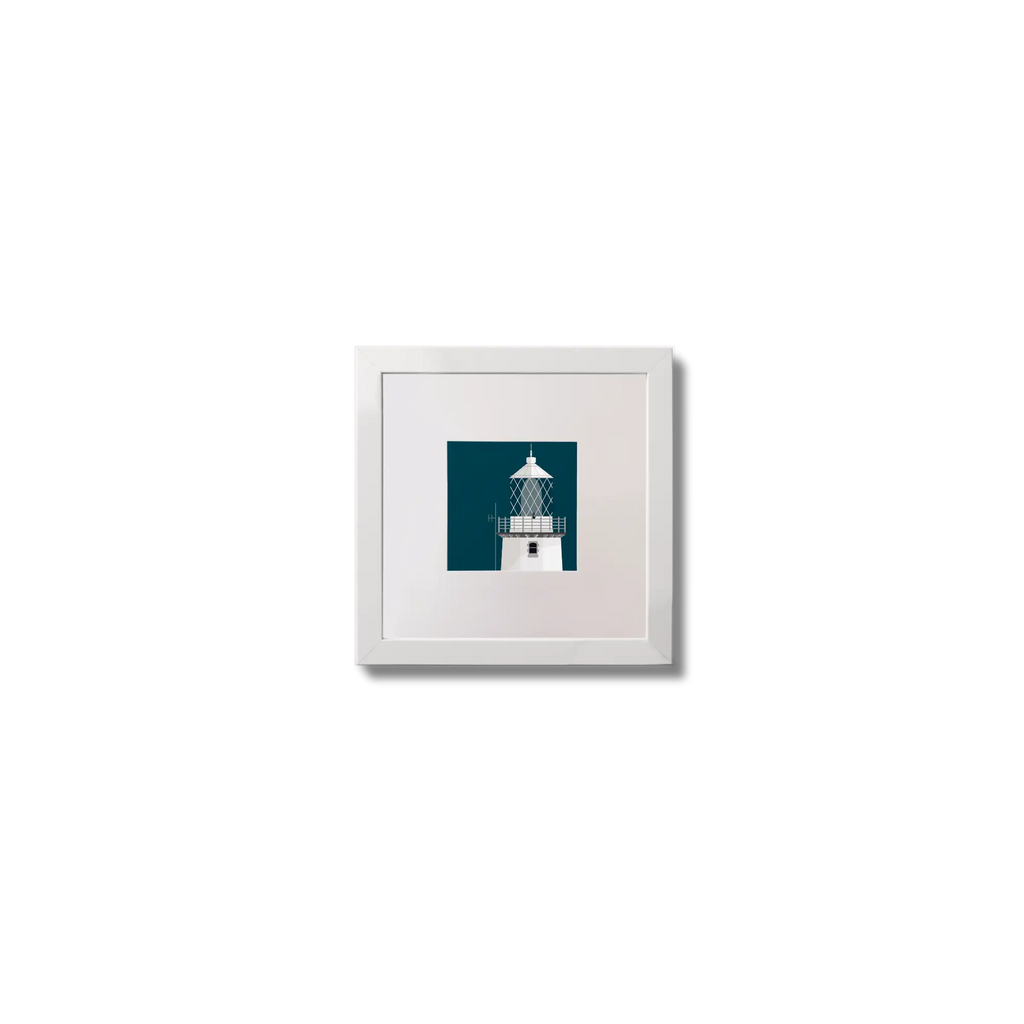 Illustration of Blackhead lighthouse on a midnight blue background,  in a white square frame measuring 10x10cm.
