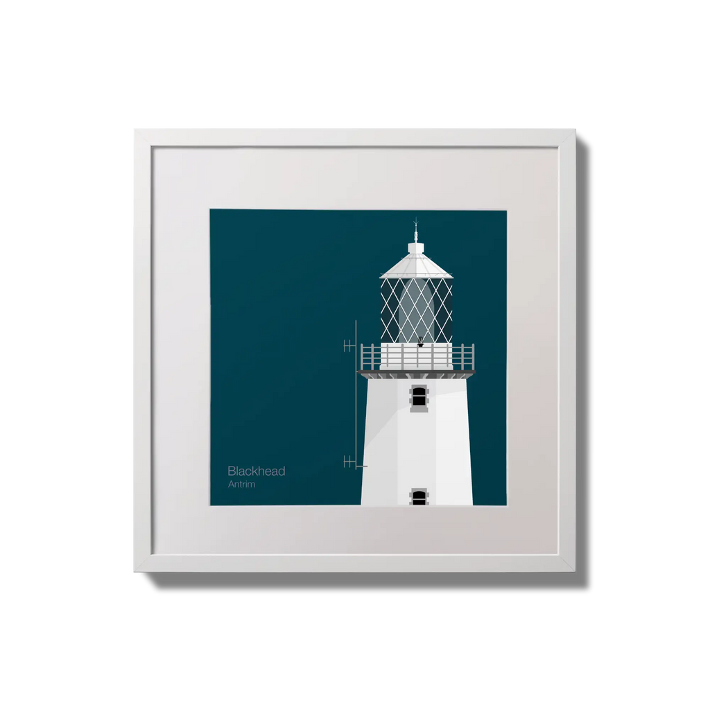 Illustration of Blackhead lighthouse on a midnight blue background,  in a white square frame measuring 20x20cm.