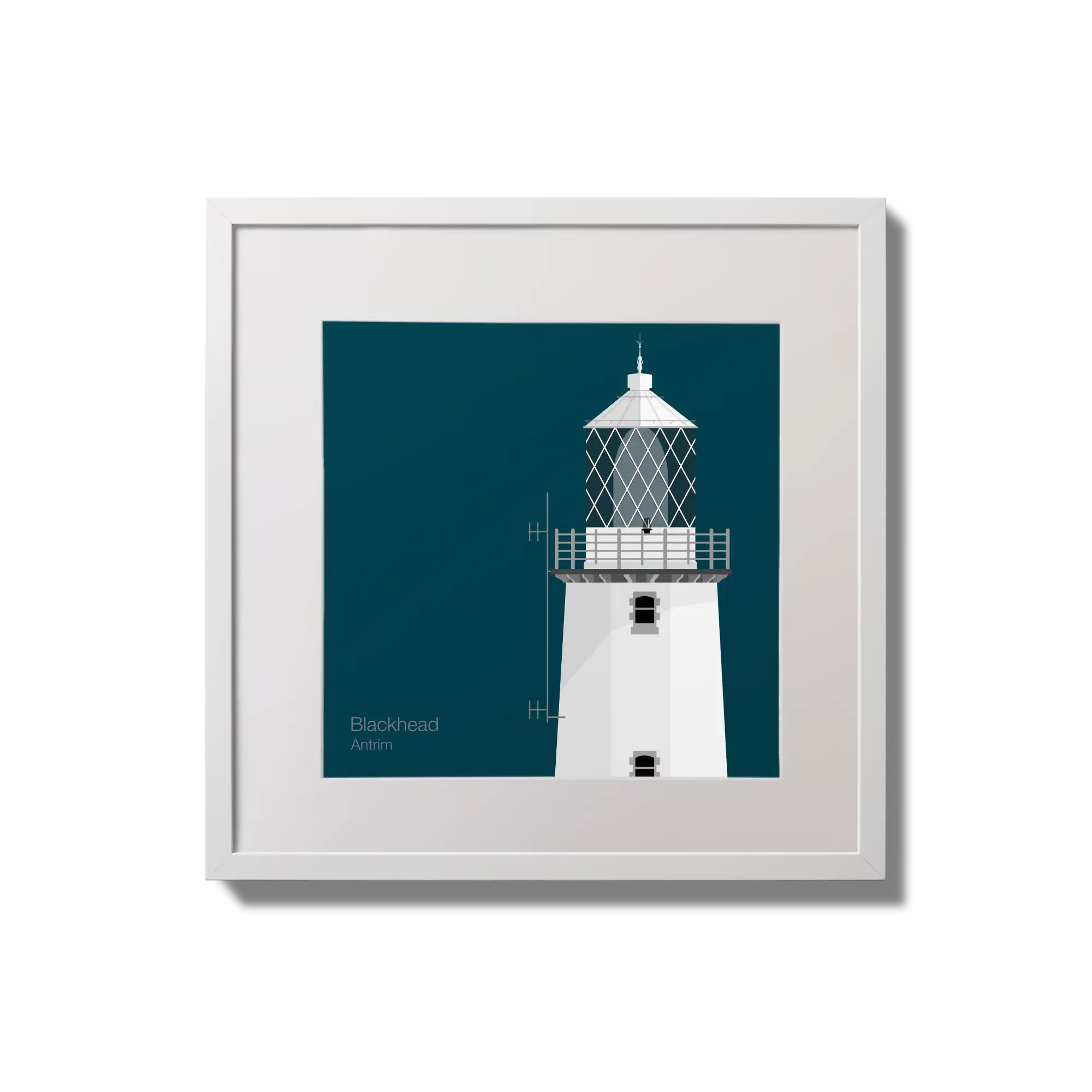 Illustration of Blackhead lighthouse on a midnight blue background,  in a white square frame measuring 20x20cm.