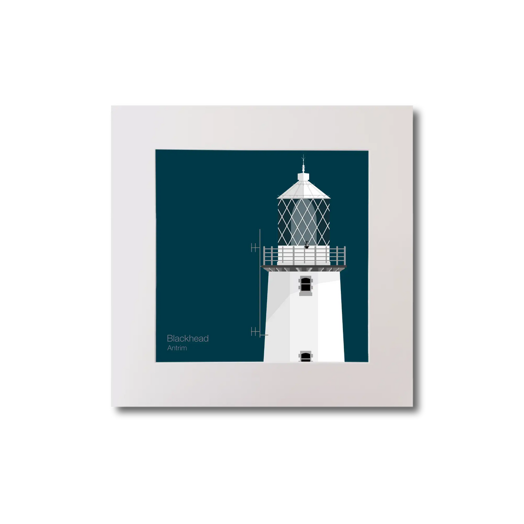 Illustration of Blackhead lighthouse on a midnight blue background, mounted and measuring 20x20cm.