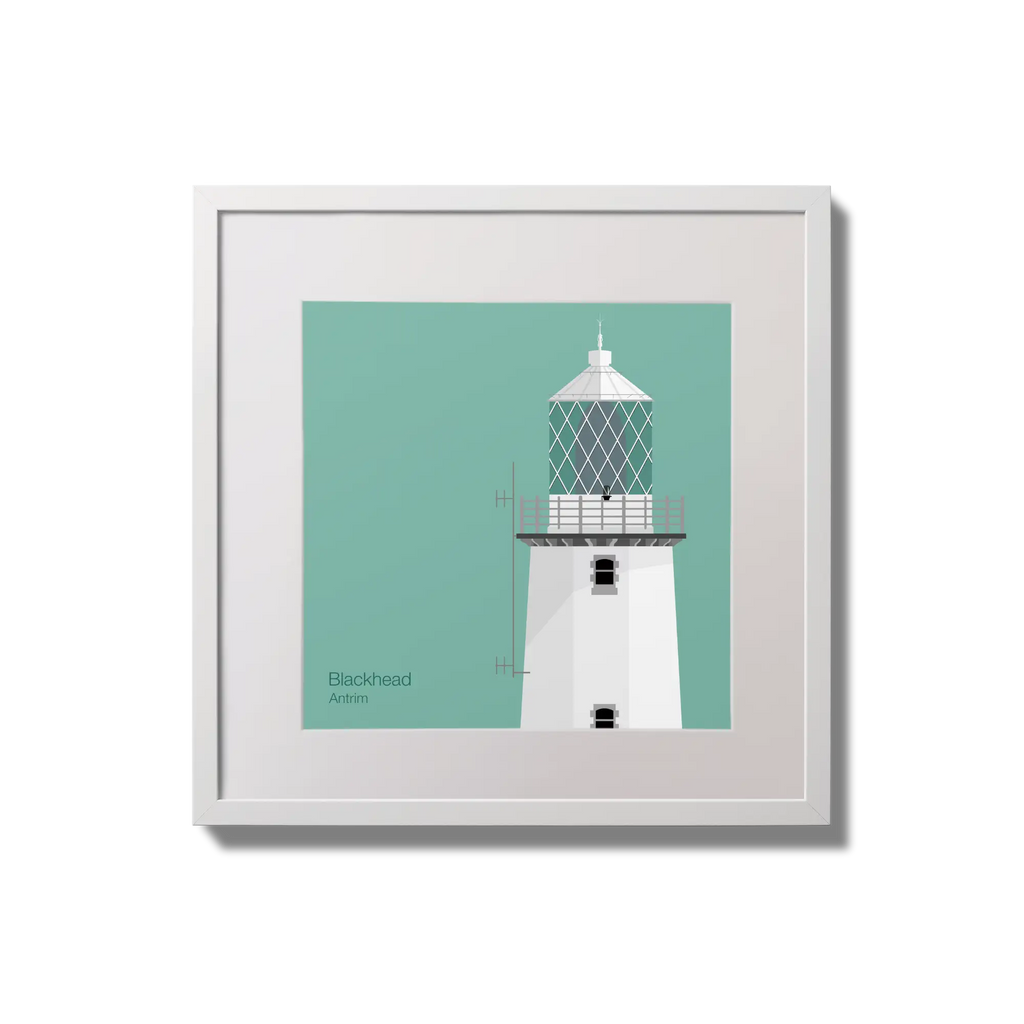 Illustration of Blackhead lighthouse on an ocean green background,  in a white square frame measuring 20x20cm.