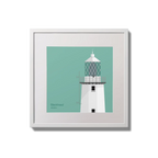 Illustration of Blackhead lighthouse on an ocean green background,  in a white square frame measuring 20x20cm.