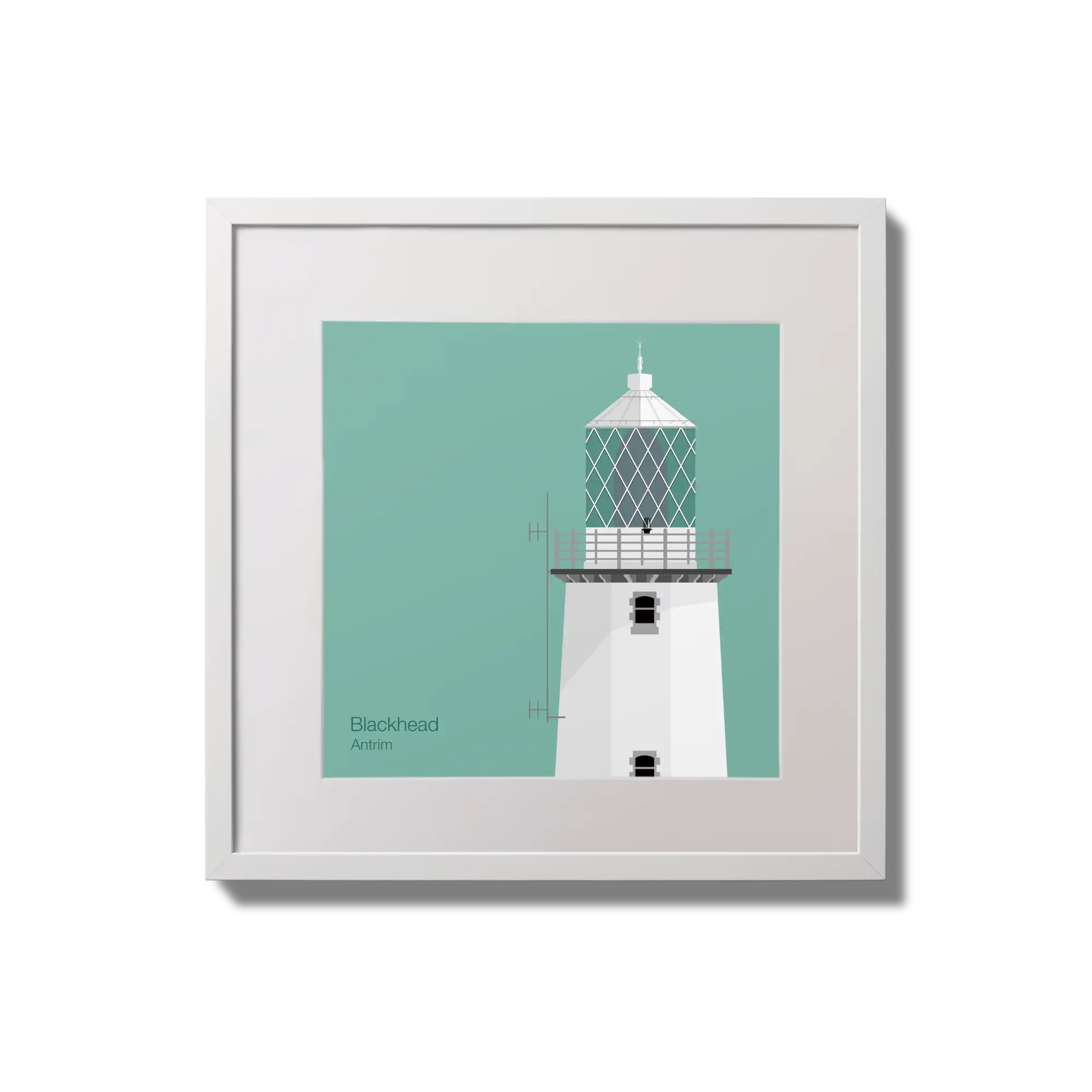 Illustration of Blackhead lighthouse on an ocean green background,  in a white square frame measuring 20x20cm.