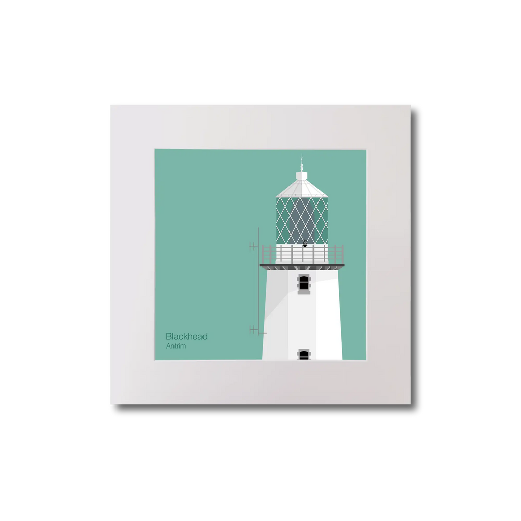 Illustration of Blackhead lighthouse on an ocean green background, mounted and measuring 20x20cm.