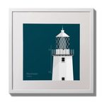 Illustration of Blackhead lighthouse on a midnight blue background,  in a white square frame measuring 30x30cm.