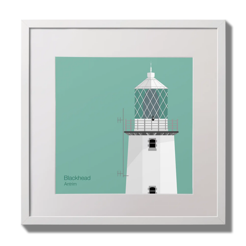 Illustration of Blackhead lighthouse on an ocean green background,  in a white square frame measuring 30x30cm.
