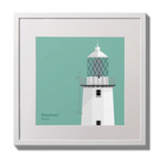 Illustration of Blackhead lighthouse on an ocean green background,  in a white square frame measuring 30x30cm.