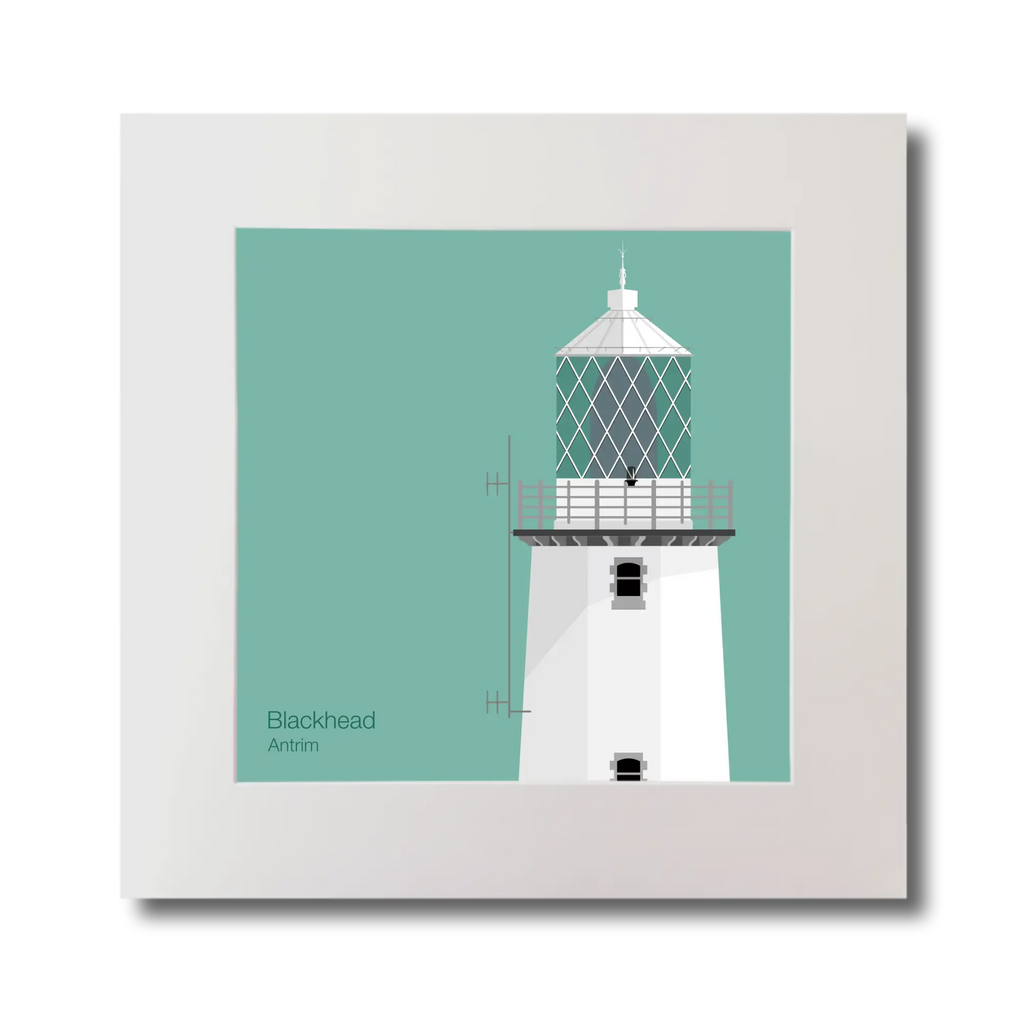 Illustration of Blackhead lighthouse on an ocean green background, mounted and measuring 30x30cm.