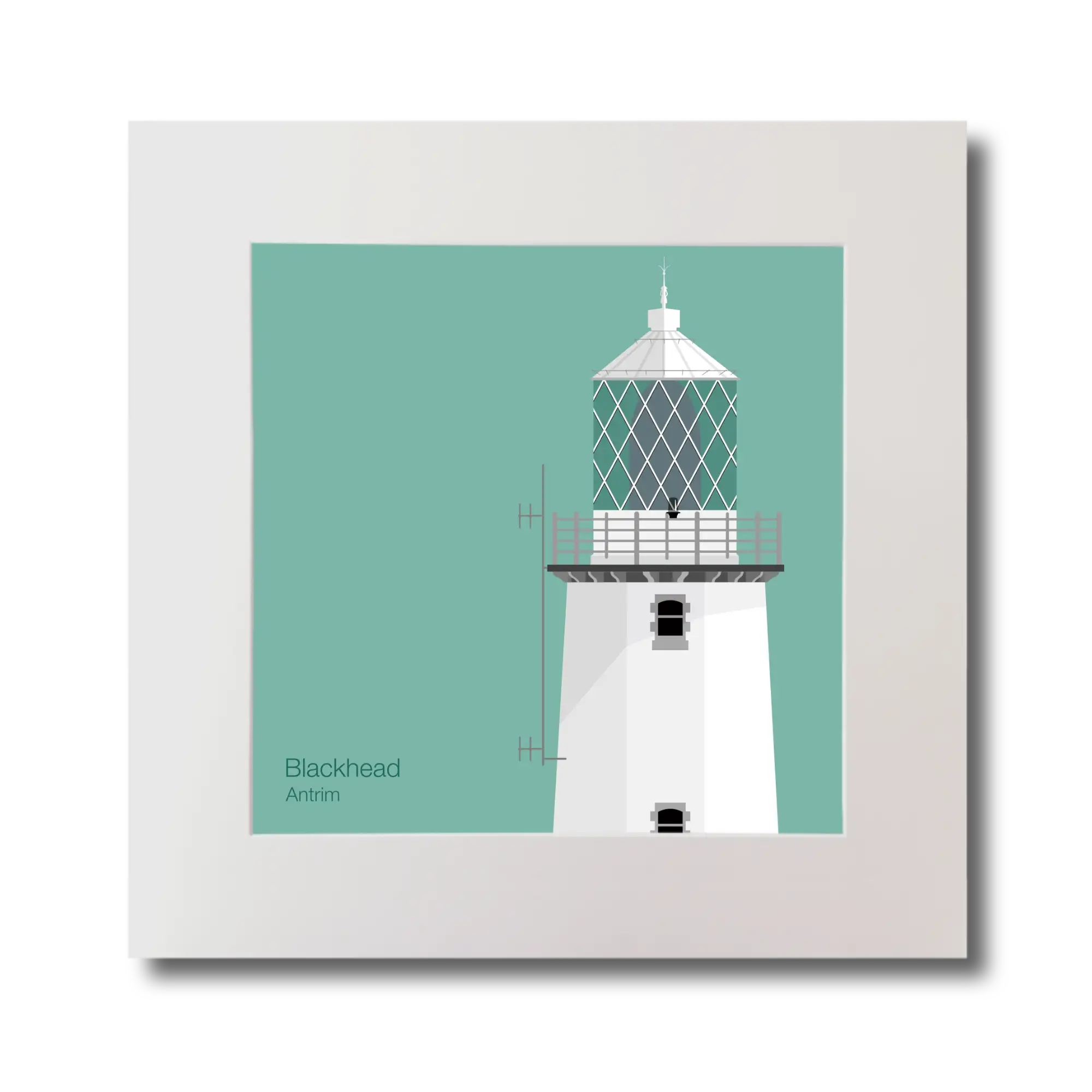 Illustration of Blackhead lighthouse on an ocean green background, mounted and measuring 30x30cm.