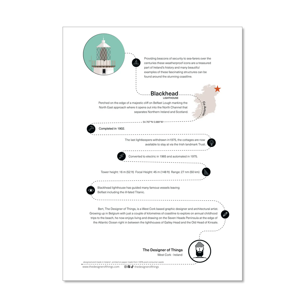 Blackhead lighthouse, County Antrim, Ireland info sheet