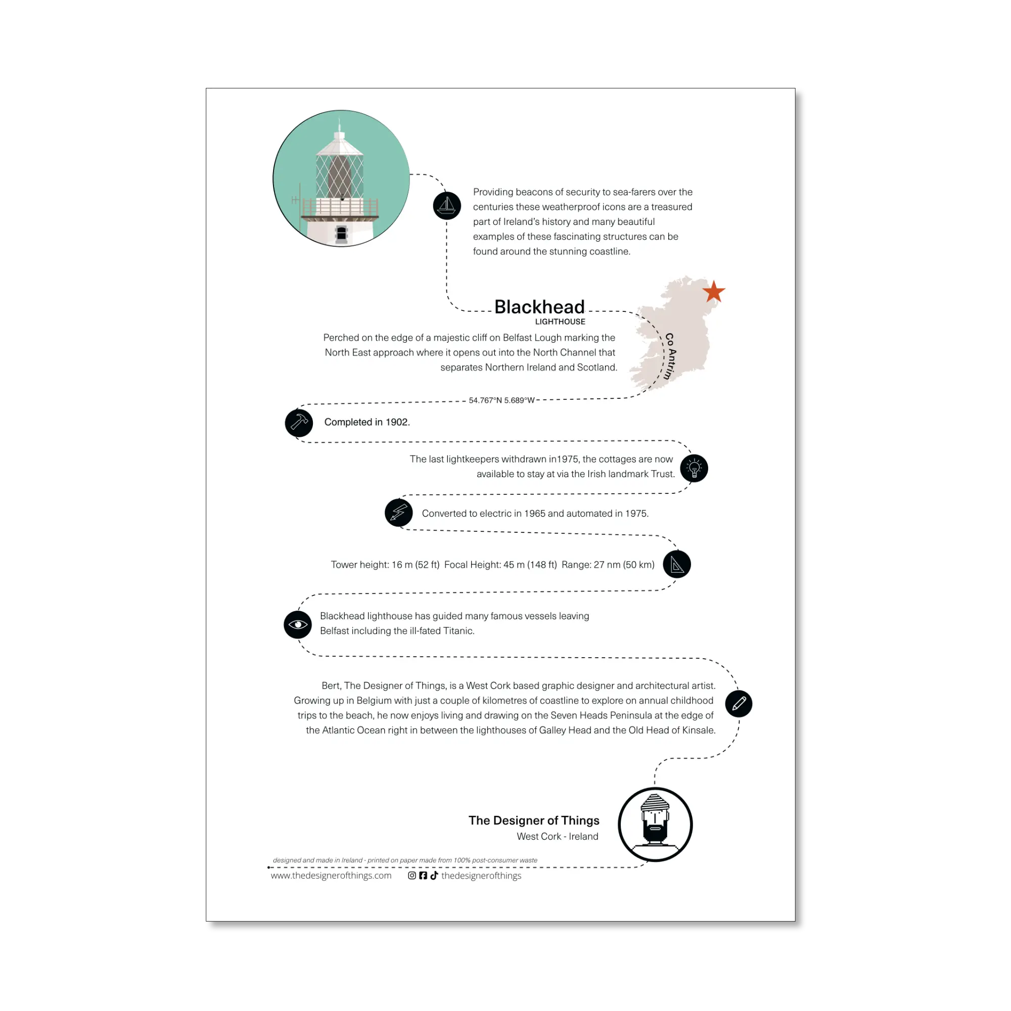 Blackhead lighthouse, County Antrim, Ireland info sheet