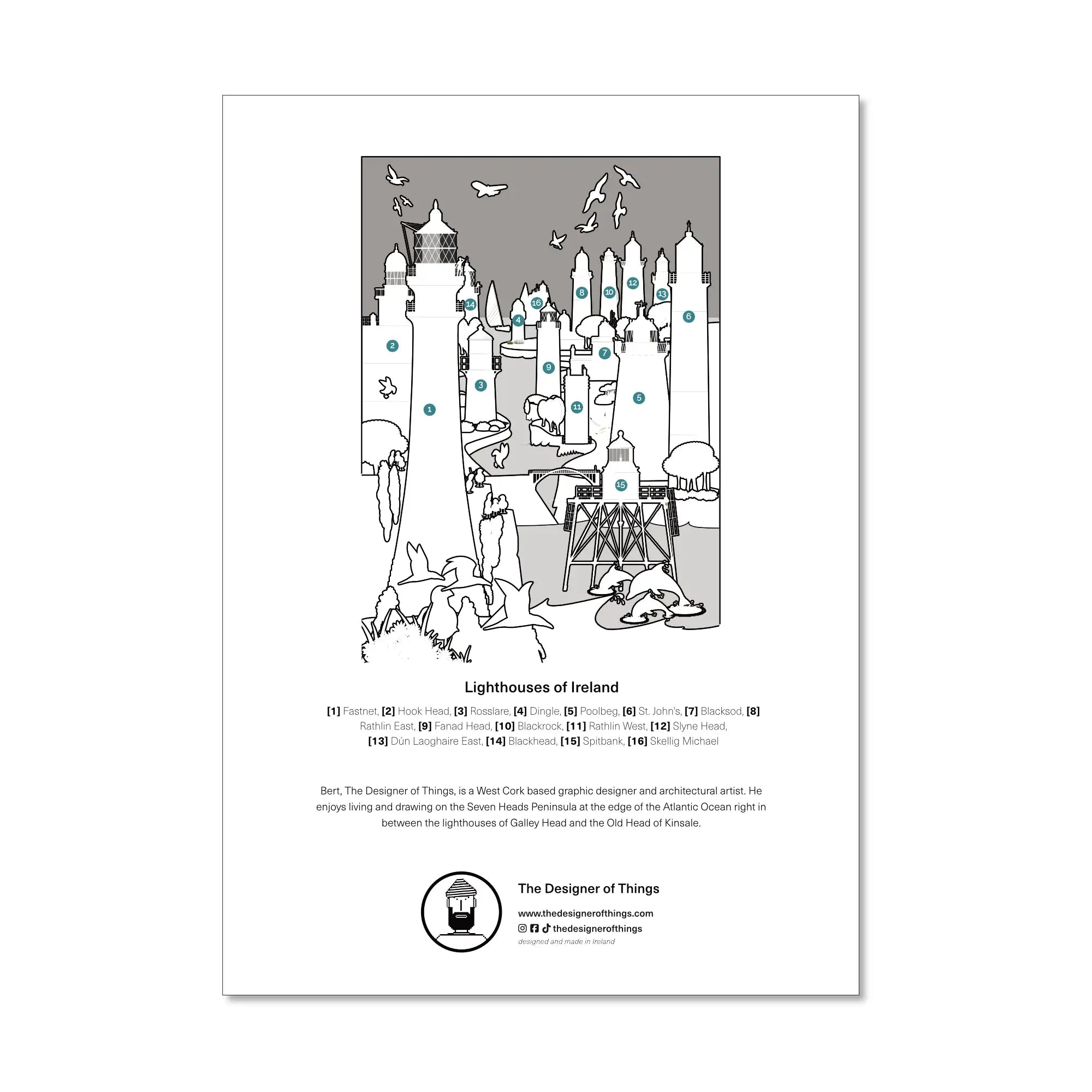 Colourful print based from the Great Lighthouses of Ireland jigsaw puzzle.