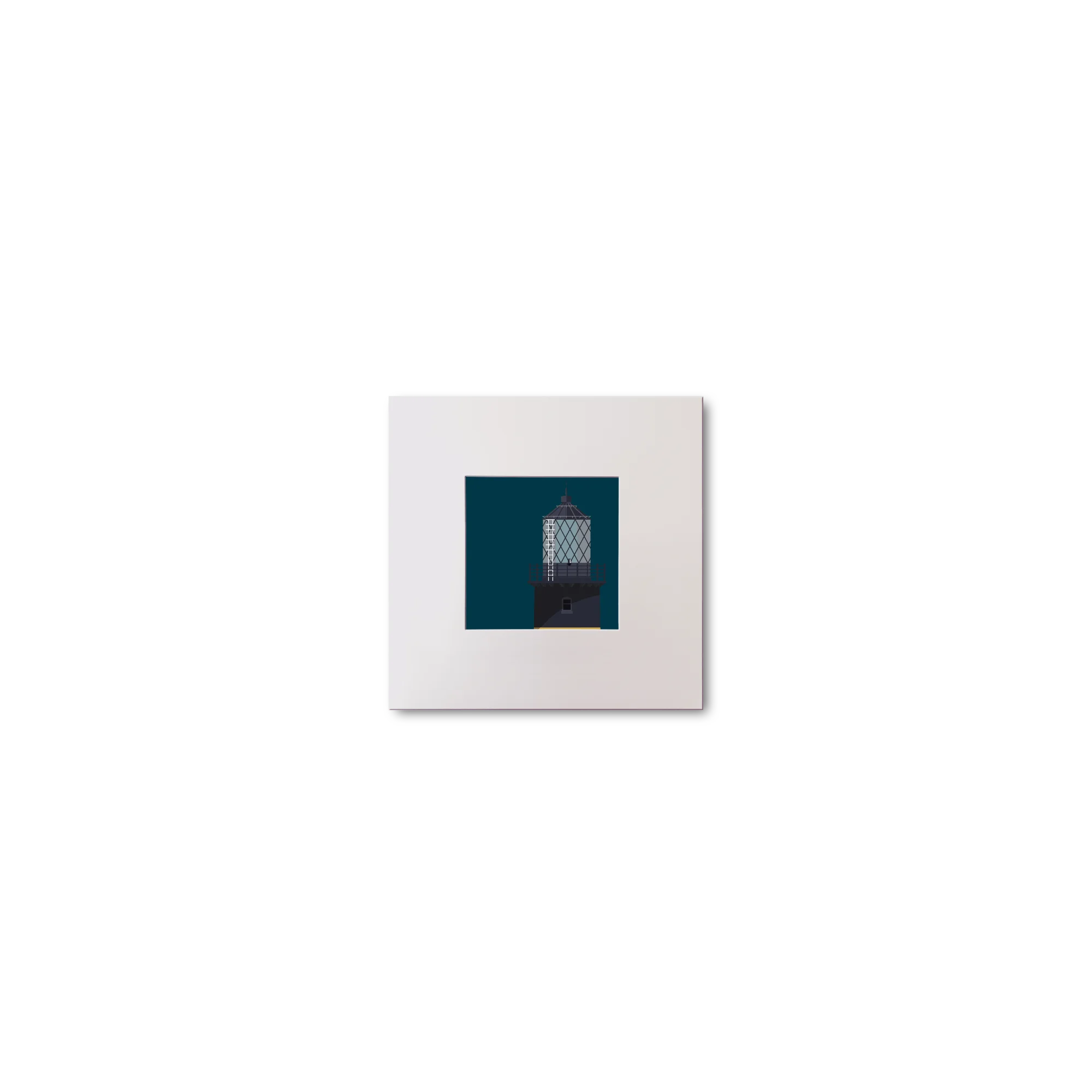 Illustration of St.John's (Down) lighthouse on a midnight blue background, mounted and measuring 10x10cm.