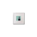 Illustration of St.John's (Down) lighthouse on an ocean green background,  in a white square frame measuring 10x10cm.