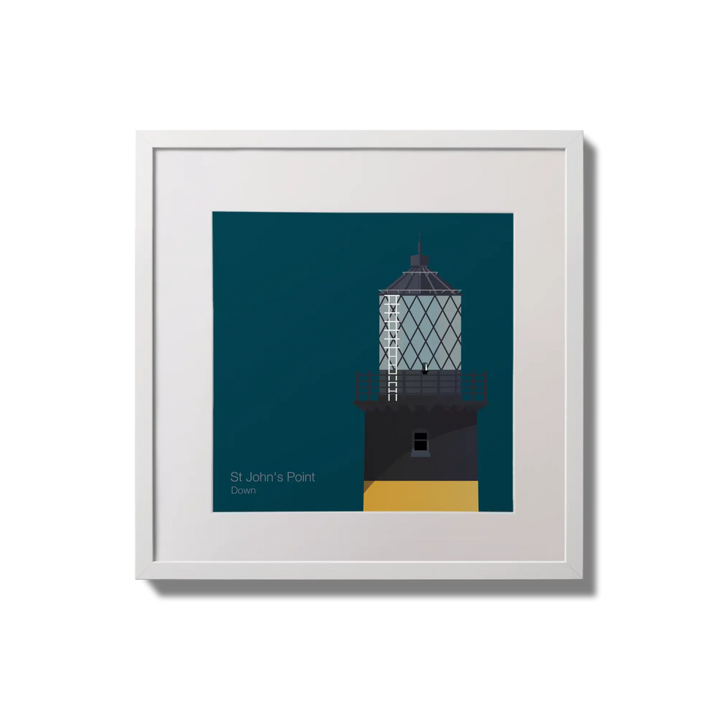 Illustration of St.John's (Down) lighthouse on a midnight blue background,  in a white square frame measuring 20x20cm.