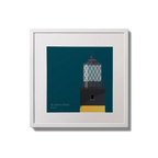 Illustration of St.John's (Down) lighthouse on a midnight blue background,  in a white square frame measuring 20x20cm.