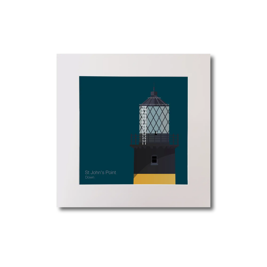 Illustration of St.John's (Down) lighthouse on a midnight blue background, mounted and measuring 20x20cm.