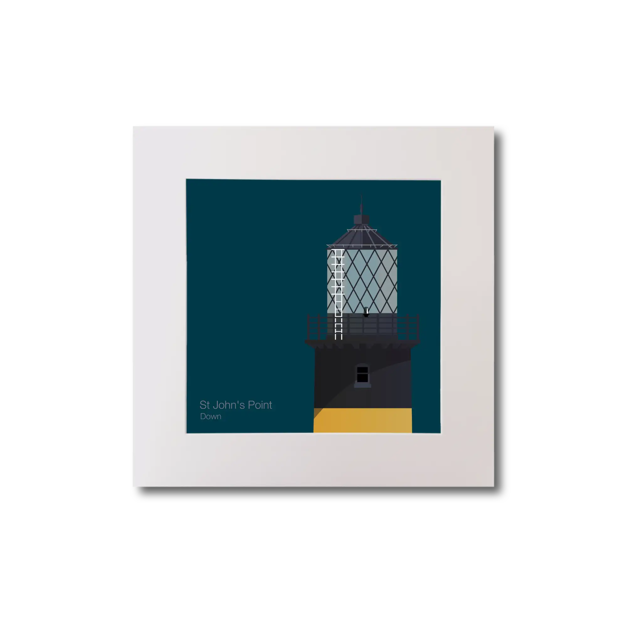 Illustration of St.John's (Down) lighthouse on a midnight blue background, mounted and measuring 20x20cm.