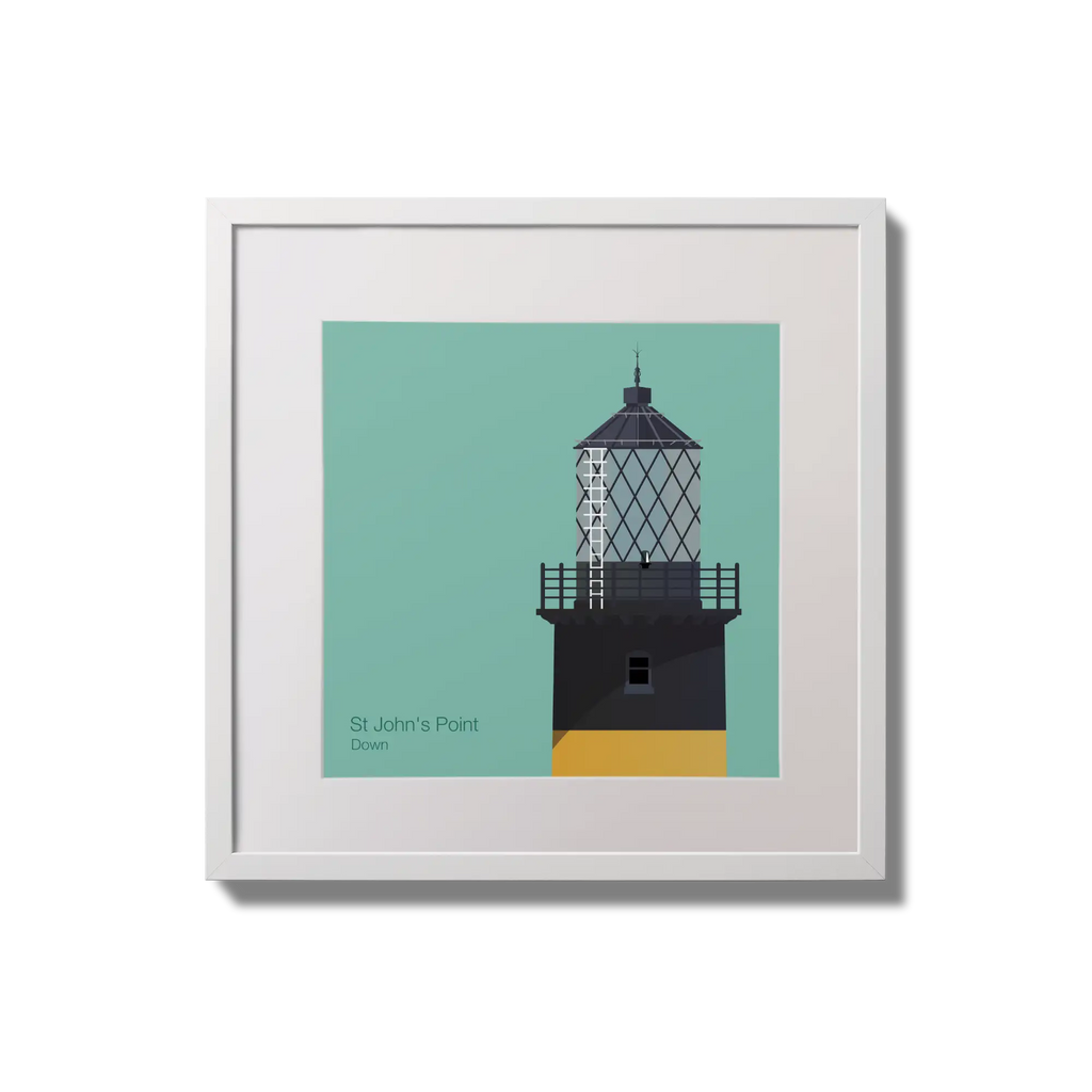 Illustration of St.John's (Down) lighthouse on an ocean green background,  in a white square frame measuring 20x20cm.