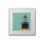 Illustration of St.John's (Down) lighthouse on an ocean green background,  in a white square frame measuring 20x20cm.