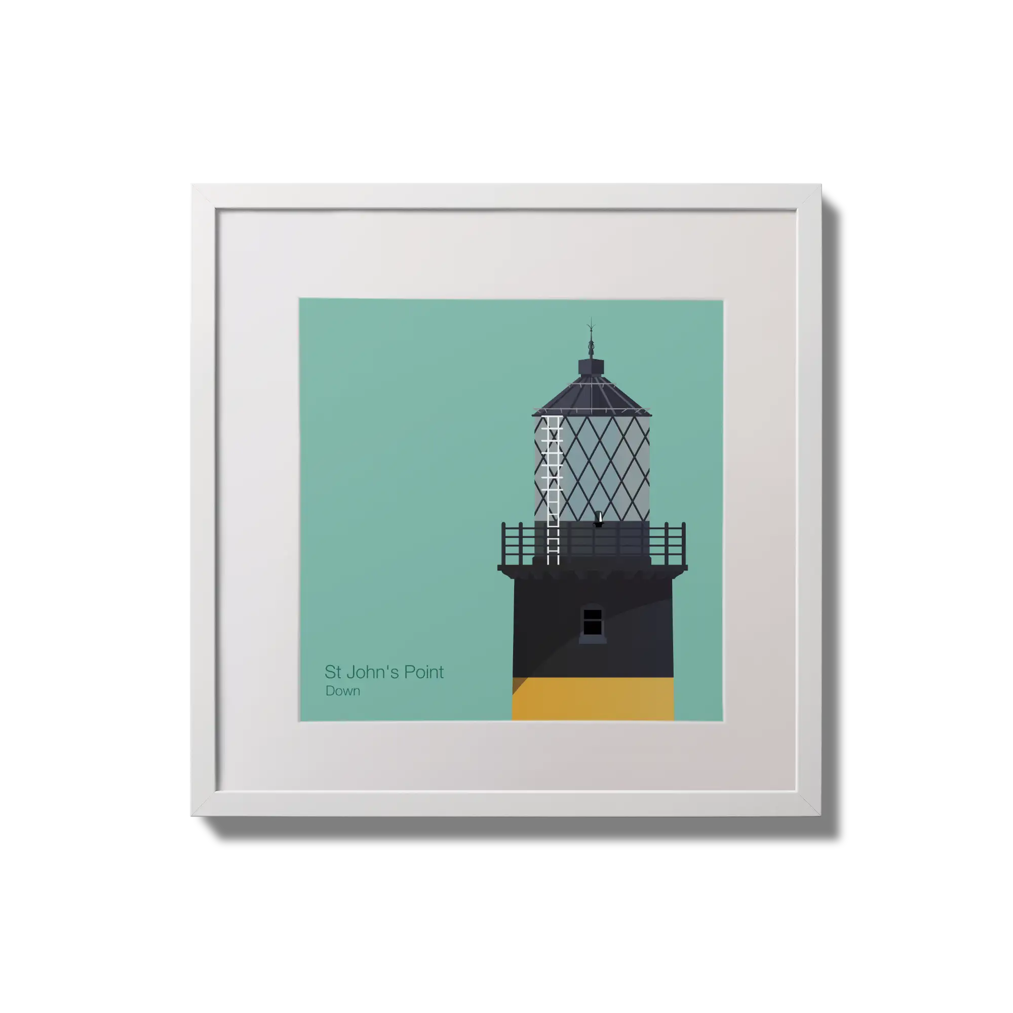Illustration of St.John's (Down) lighthouse on an ocean green background,  in a white square frame measuring 20x20cm.