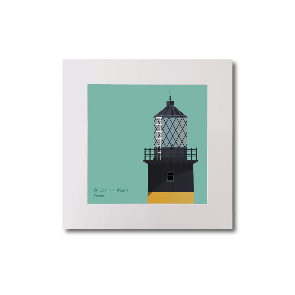 Illustration of St.John's (Down) lighthouse on an ocean green background, mounted and measuring 20x20cm.