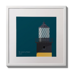 Illustration of St.John's (Down) lighthouse on a midnight blue background,  in a white square frame measuring 30x30cm.