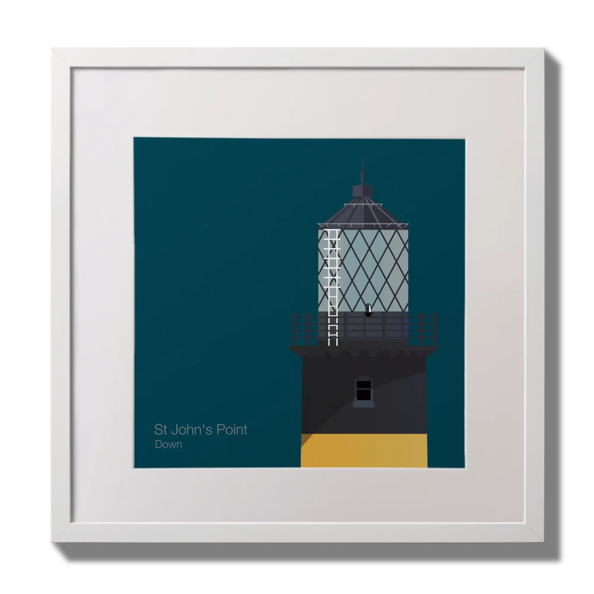 Illustration of St.John's (Down) lighthouse on a midnight blue background,  in a white square frame measuring 30x30cm.