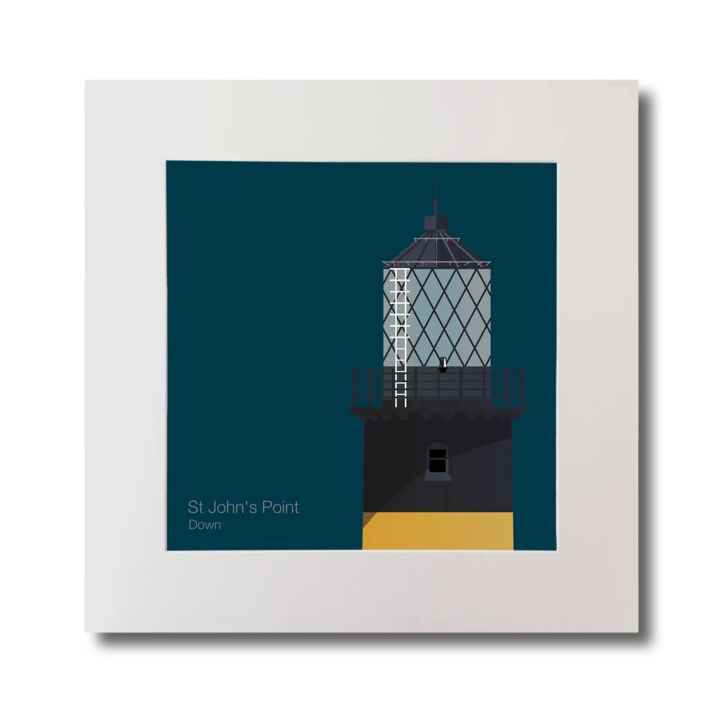Illustration of St.John's (Down) lighthouse on a midnight blue background, mounted and measuring 30x30cm.