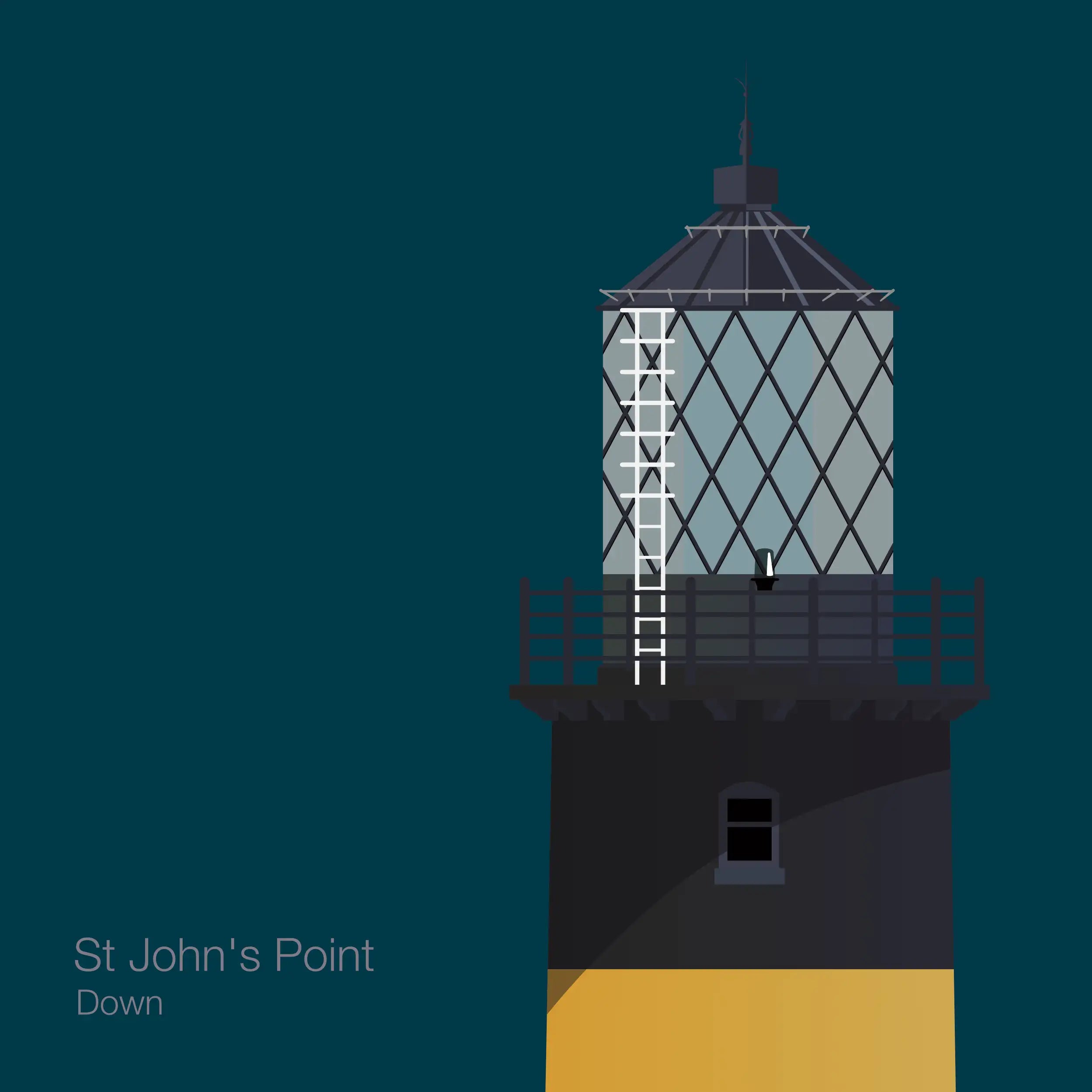 Illustration of St.John's (Down) lighthouse on a midnight blue background