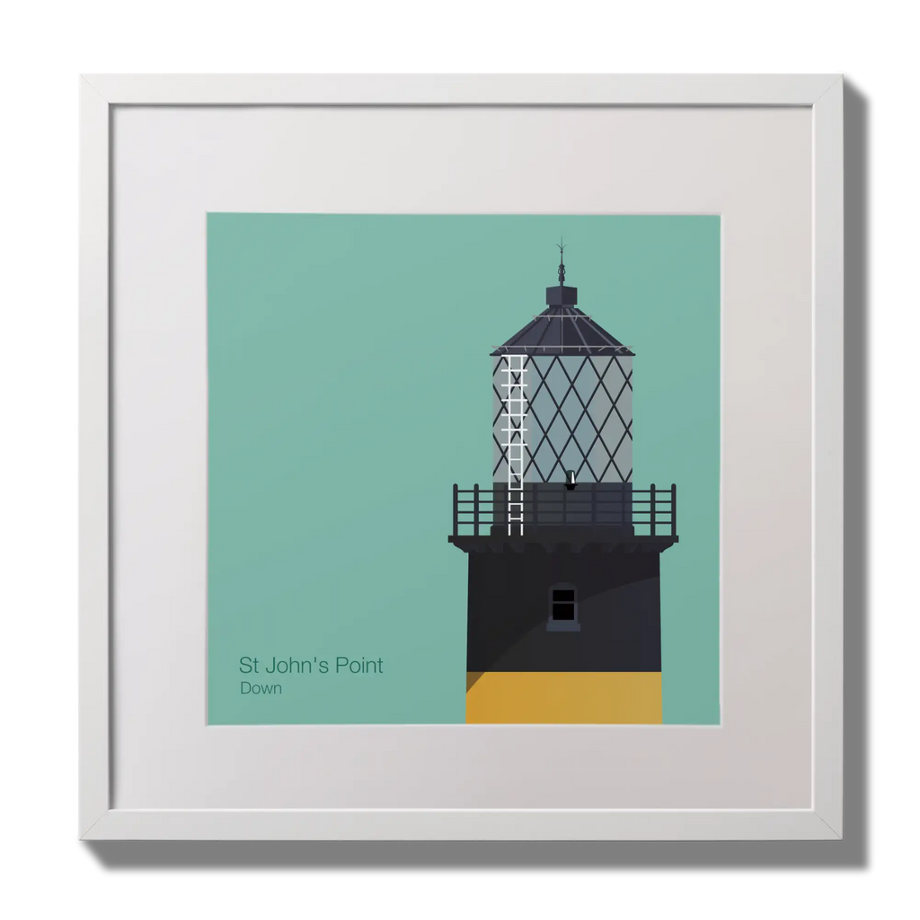 Illustration of St.John's (Down) lighthouse on an ocean green background,  in a white square frame measuring 30x30cm.