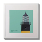 Illustration of St.John's (Down) lighthouse on an ocean green background,  in a white square frame measuring 30x30cm.