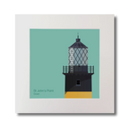 Illustration of St.John's (Down) lighthouse on an ocean green background, mounted and measuring 30x30cm.