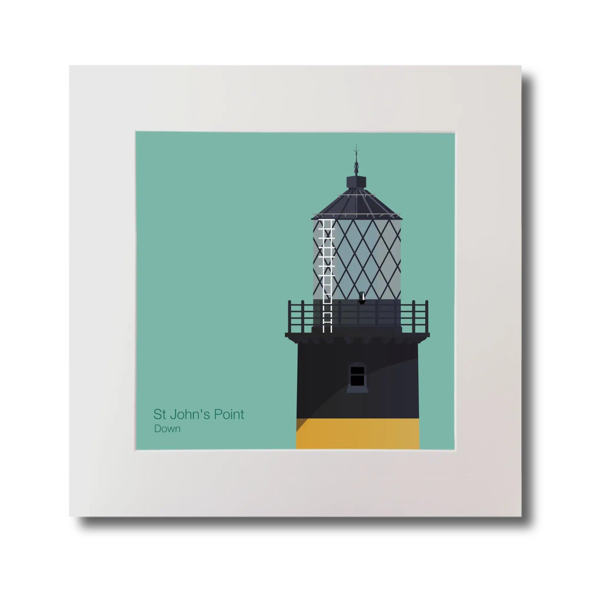 Illustration of St.John's (Down) lighthouse on an ocean green background, mounted and measuring 30x30cm.