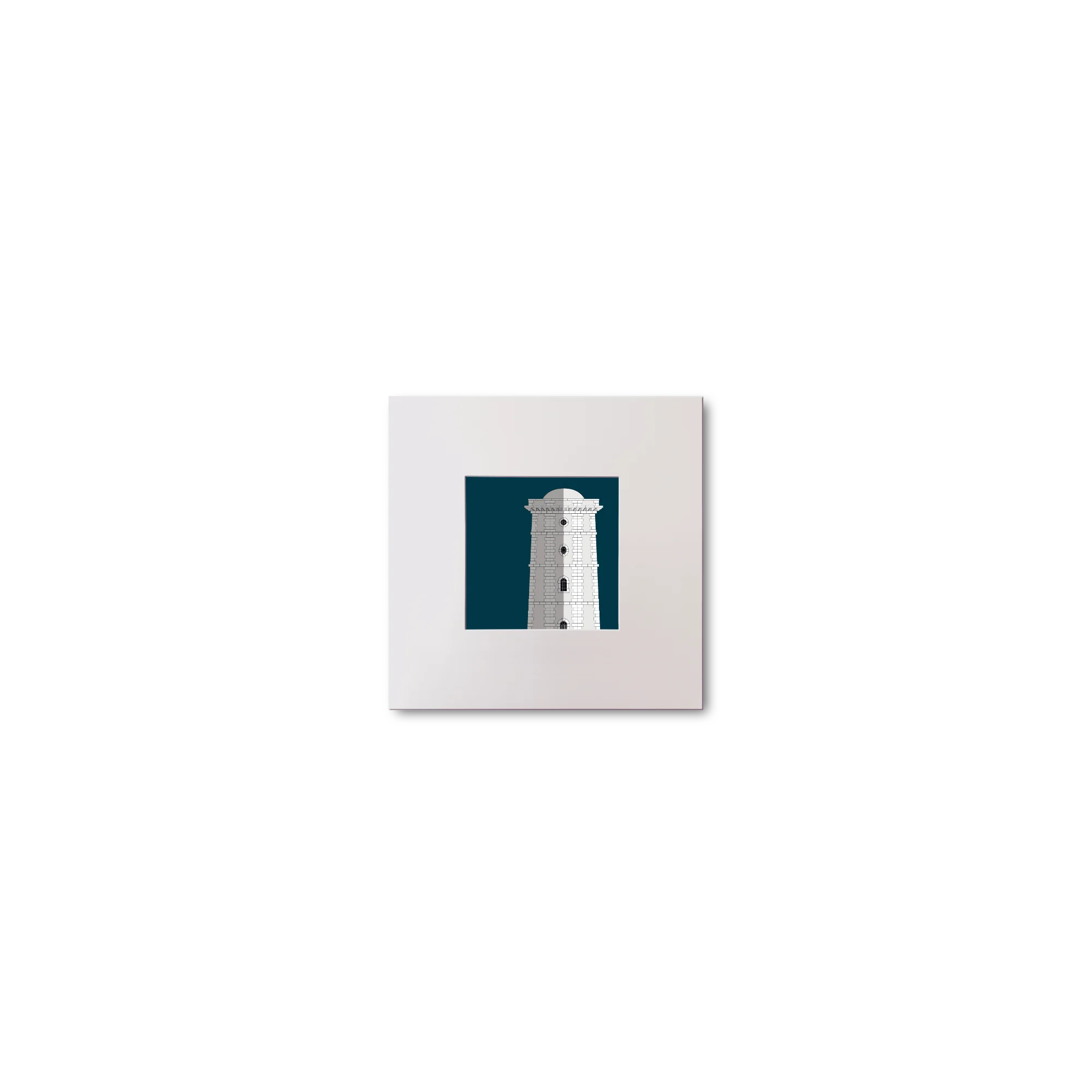 Illustration of Valentia Island lighthouse on a midnight blue background, mounted and measuring 10x10cm.