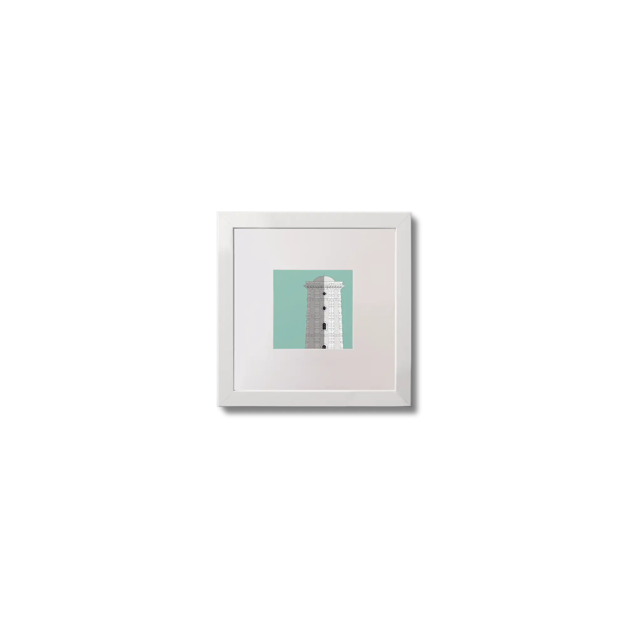 Illustration of Valentia Island lighthouse on an ocean green background,  in a white square frame measuring 10x10cm.