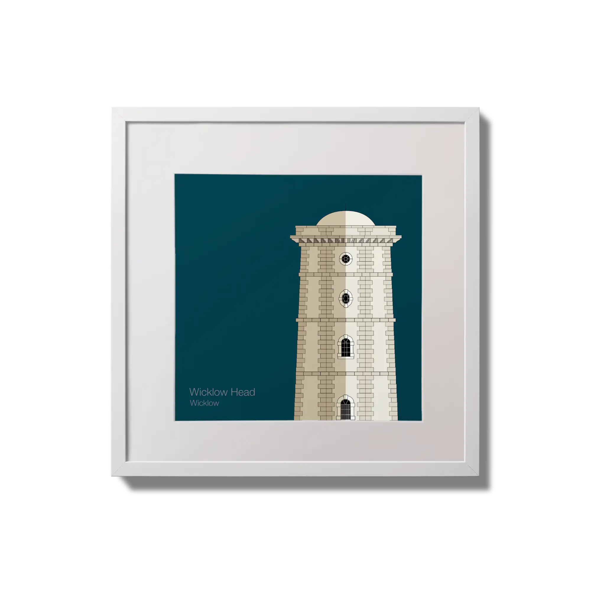 Illustration of Valentia Island lighthouse on a midnight blue background,  in a white square frame measuring 20x20cm.