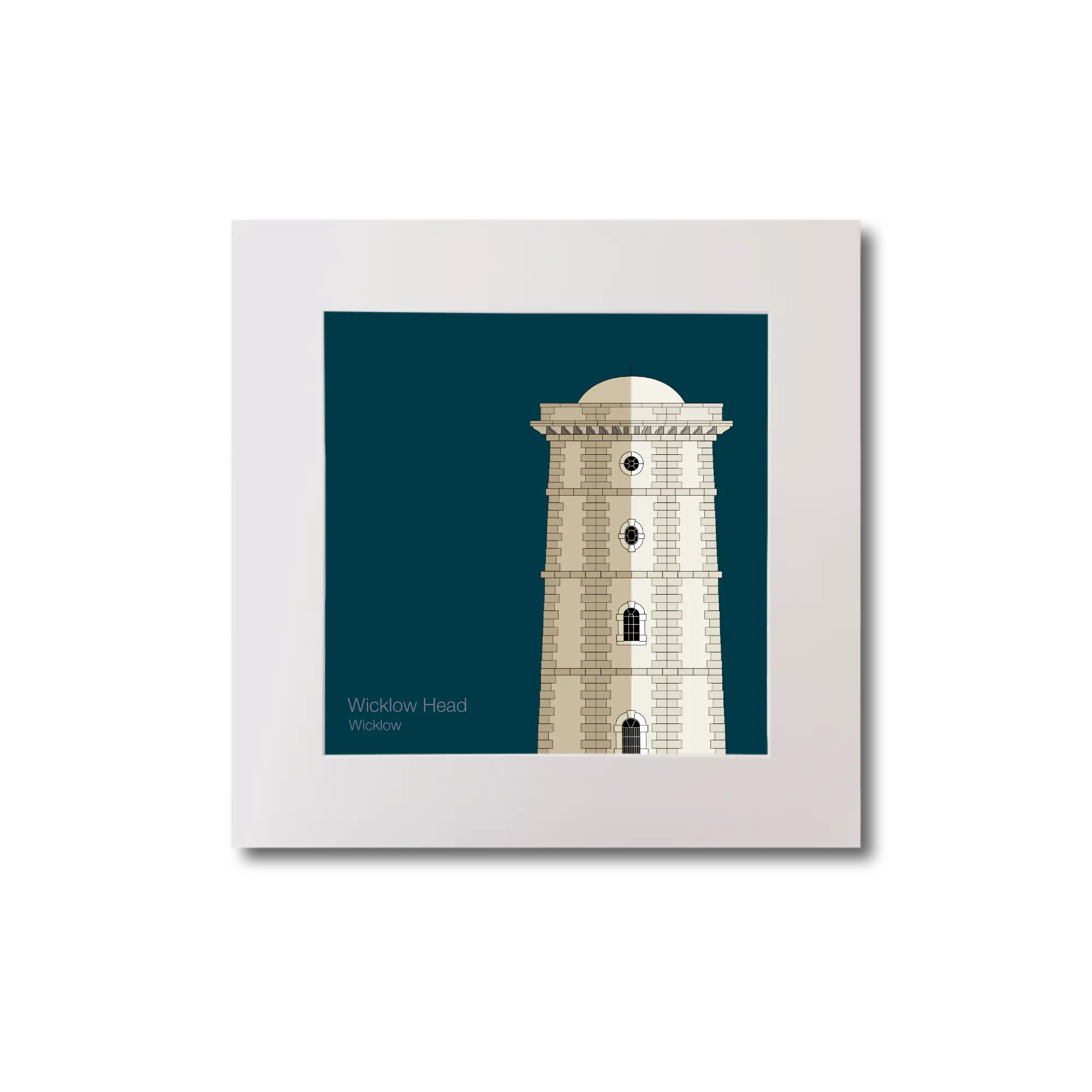 Illustration of Valentia Island lighthouse on a midnight blue background, mounted and measuring 20x20cm.